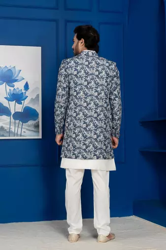 White jacquard silk blend green and open sherwani pyjama set for men with embroidered work