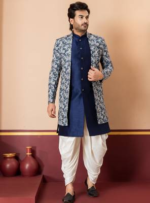 navy blue jacquard silk blend green and open sherwani creem dhoti set for men with embroidered work 1
