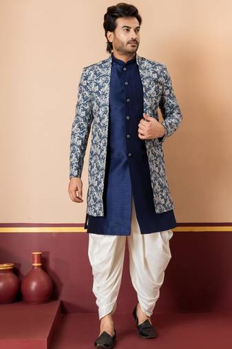 navy blue jacquard silk blend green and open sherwani creem dhoti set for men with embroidered work
