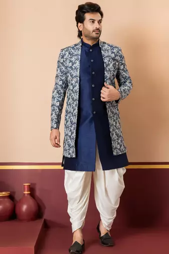 navy blue jacquard silk blend green and open sherwani creem dhoti set for men with embroidered work