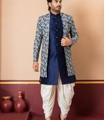 navy blue jacquard silk blend green and open sherwani creem dhoti set for men with embroidered work