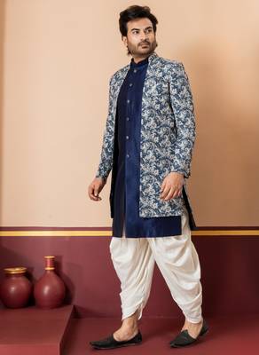 navy blue jacquard silk blend green and open sherwani creem dhoti set for men with embroidered work 2
