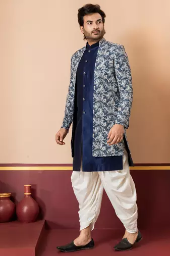 navy blue jacquard silk blend green and open sherwani creem dhoti set for men with embroidered work