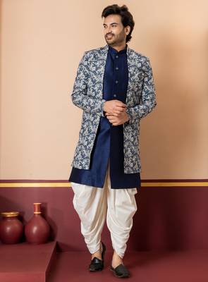 navy blue jacquard silk blend green and open sherwani creem dhoti set for men with embroidered work 3