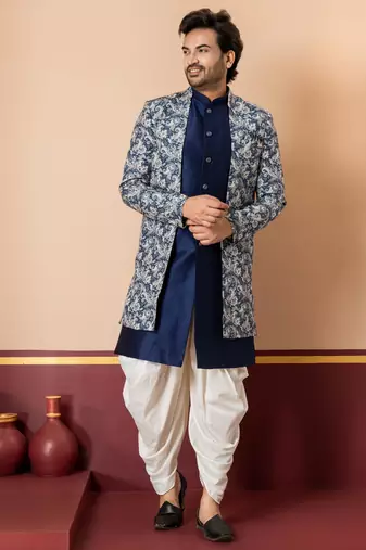 navy blue jacquard silk blend green and open sherwani creem dhoti set for men with embroidered work
