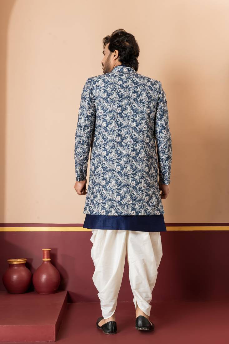 navy blue jacquard silk blend green and open sherwani creem dhoti set for men with embroidered work