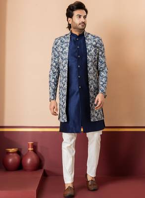 navy blue jacquard silk blend green and open sherwani creem pyjama set for men with embroidered work 1