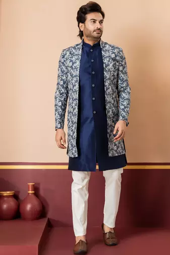 navy blue jacquard silk blend green and open sherwani creem pyjama set for men with embroidered work