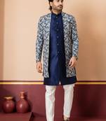 navy blue jacquard silk blend green and open sherwani creem pyjama set for men with embroidered work