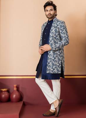 navy blue jacquard silk blend green and open sherwani creem pyjama set for men with embroidered work 2