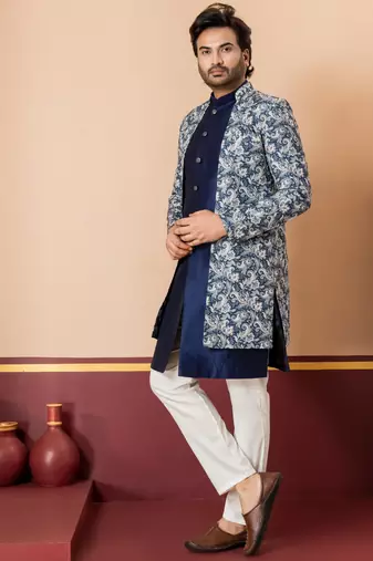 navy blue jacquard silk blend green and open sherwani creem pyjama set for men with embroidered work