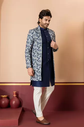 navy blue jacquard silk blend green and open sherwani creem pyjama set for men with embroidered work