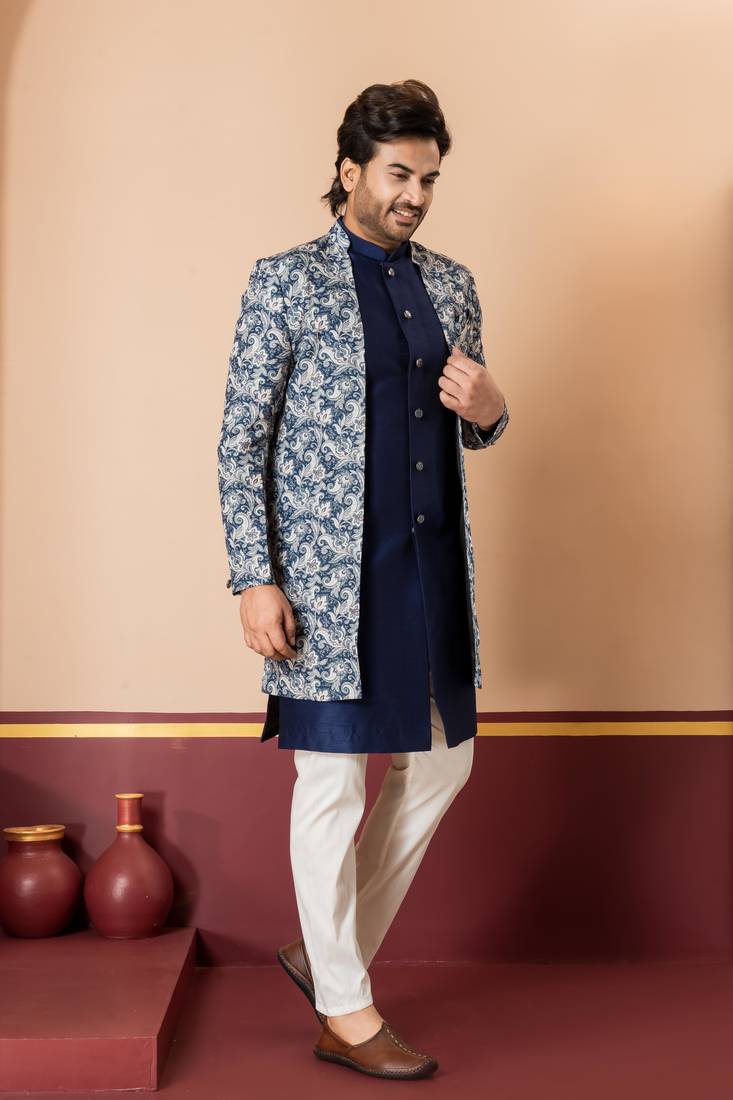 navy blue jacquard silk blend green and open sherwani creem pyjama set for men with embroidered work