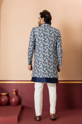 navy blue jacquard silk blend green and open sherwani creem pyjama set for men with embroidered work
