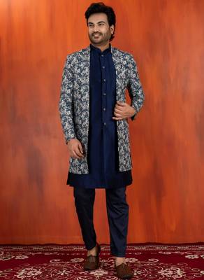 navy blue jacquard silk blend green and open sherwani navy blue pyjama set for men with embroidered work 1