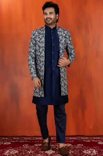 navy blue jacquard silk blend green and open sherwani navy blue pyjama set for men with embroidered work