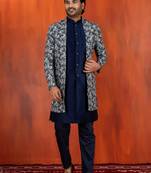 navy blue jacquard silk blend green and open sherwani navy blue pyjama set for men with embroidered work