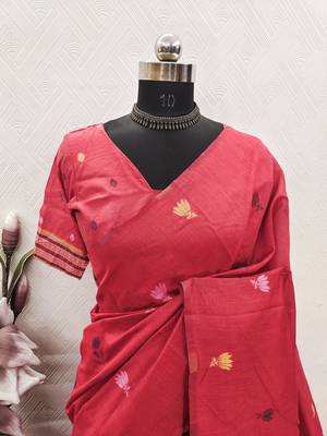 Peach linen jacuard animal motif work saree with unstitched blouse piece 7
