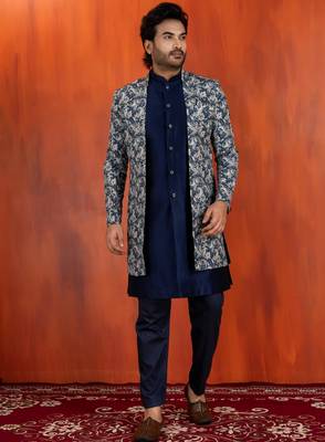 navy blue jacquard silk blend green and open sherwani navy blue pyjama set for men with embroidered work 2
