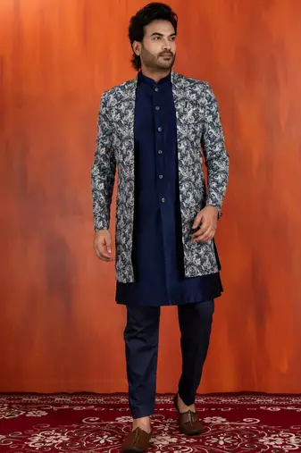 navy blue jacquard silk blend green and open sherwani navy blue pyjama set for men with embroidered work
