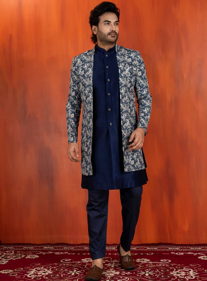 navy blue jacquard silk blend green and open sherwani navy blue pyjama set for men with embroidered work