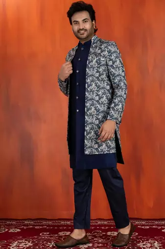 navy blue jacquard silk blend green and open sherwani navy blue pyjama set for men with embroidered work