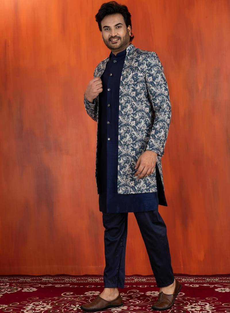 navy blue jacquard silk blend green and open sherwani navy blue pyjama set for men with embroidered work