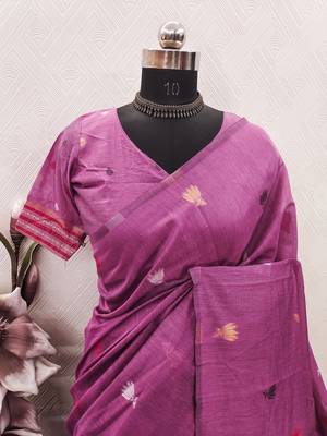 Pink linen jacuard animal motif work saree with unstitched blouse piece 6