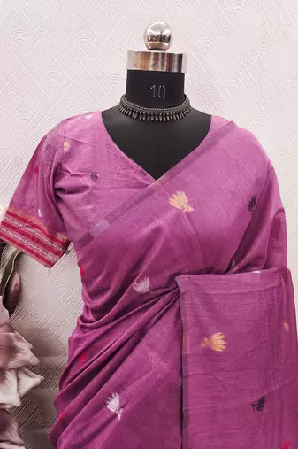 Pink linen jacuard animal motif work saree with unstitched blouse piece