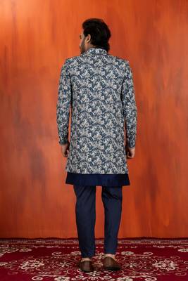 navy blue jacquard silk blend green and open sherwani navy blue pyjama set for men with embroidered work 4