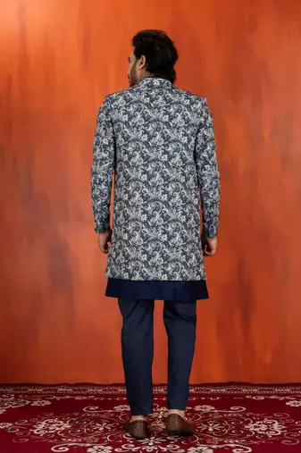 navy blue jacquard silk blend green and open sherwani navy blue pyjama set for men with embroidered work