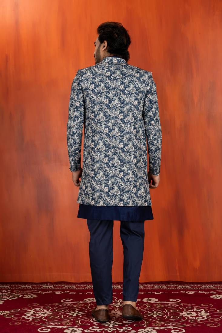 navy blue jacquard silk blend green and open sherwani navy blue pyjama set for men with embroidered work