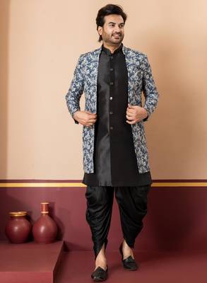 navy black jacquard silk blend green and open sherwani black dhoti set for men with embroidered work 1