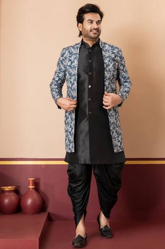 navy black jacquard silk blend green and open sherwani black dhoti set for men with embroidered work