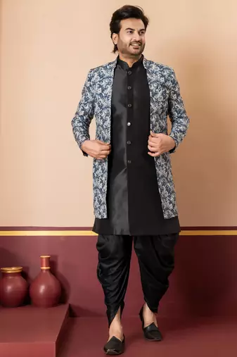 navy black jacquard silk blend green and open sherwani black dhoti set for men with embroidered work