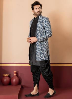 navy black jacquard silk blend green and open sherwani black dhoti set for men with embroidered work 2