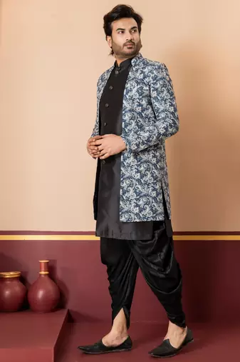 navy black jacquard silk blend green and open sherwani black dhoti set for men with embroidered work