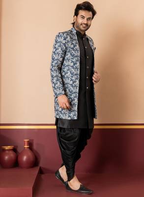 navy black jacquard silk blend green and open sherwani black dhoti set for men with embroidered work 3