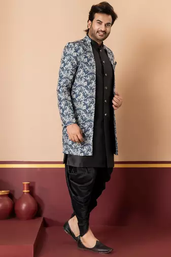 navy black jacquard silk blend green and open sherwani black dhoti set for men with embroidered work