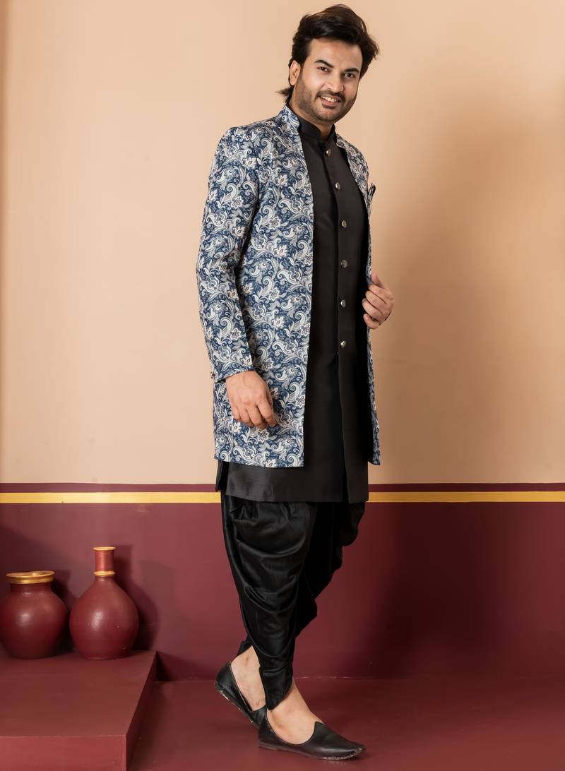 navy black jacquard silk blend green and open sherwani black dhoti set for men with embroidered work