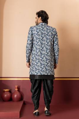 navy black jacquard silk blend green and open sherwani black dhoti set for men with embroidered work 4