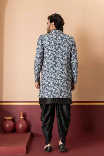navy black jacquard silk blend green and open sherwani black dhoti set for men with embroidered work