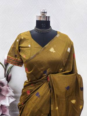 Mustard linen jacuard animal motif work saree with unstitched blouse piece 7