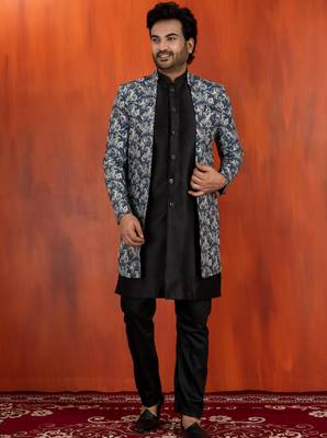 navy black jacquard silk blend green and open sherwani black pyjama set for men with embroidered work 1