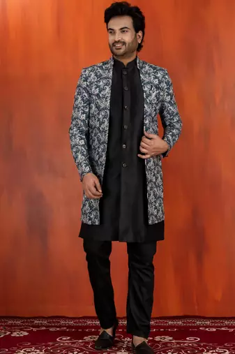 navy black jacquard silk blend green and open sherwani black pyjama set for men with embroidered work