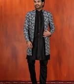 navy black jacquard silk blend green and open sherwani black pyjama set for men with embroidered work