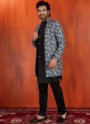 navy black jacquard silk blend green and open sherwani black pyjama set for men with embroidered work 2