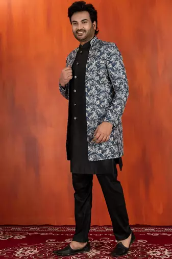 navy black jacquard silk blend green and open sherwani black pyjama set for men with embroidered work