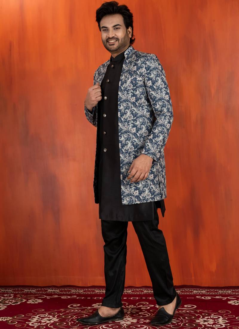 navy black jacquard silk blend green and open sherwani black pyjama set for men with embroidered work