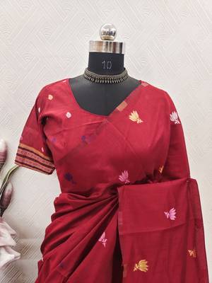 Red linen jacuard animal motif work saree with unstitched blouse piece 7